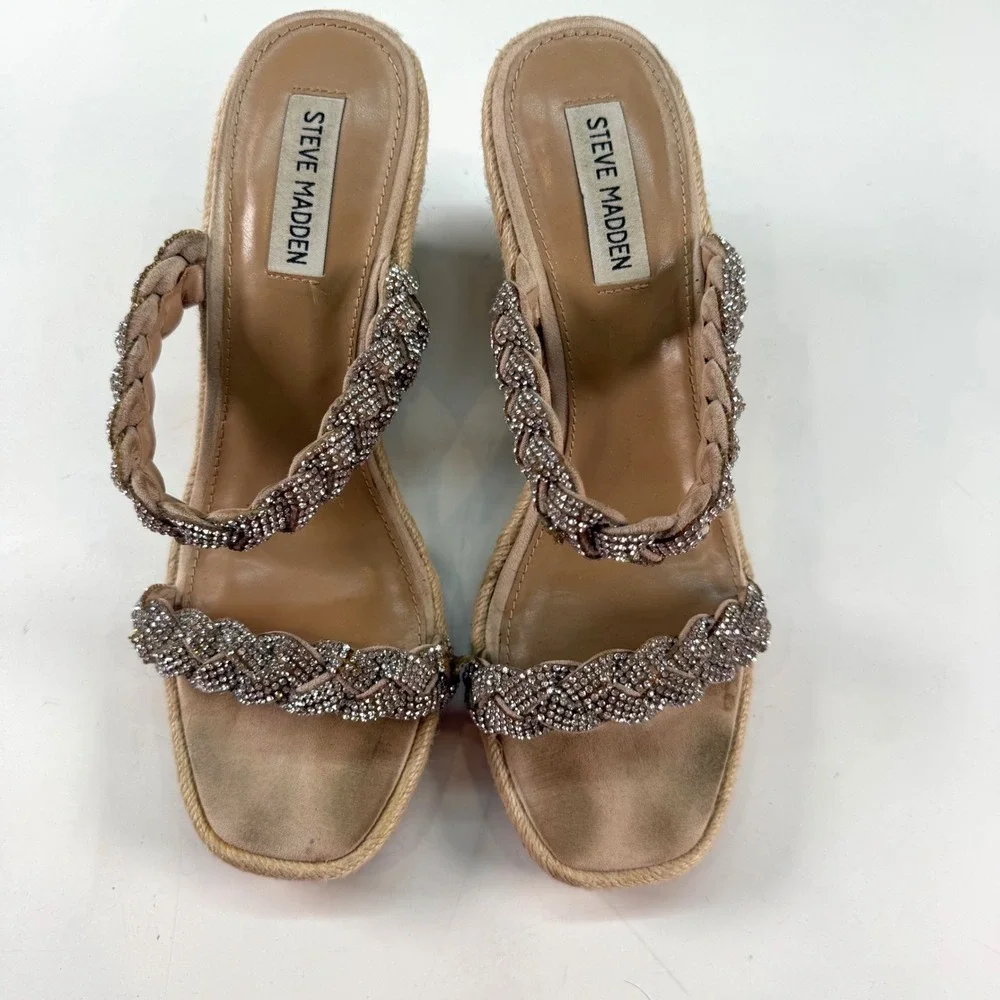 Steve Madden Espadrille Wedge Sandals‎ Rhinestone Braided Straps Size 9.5 Summer